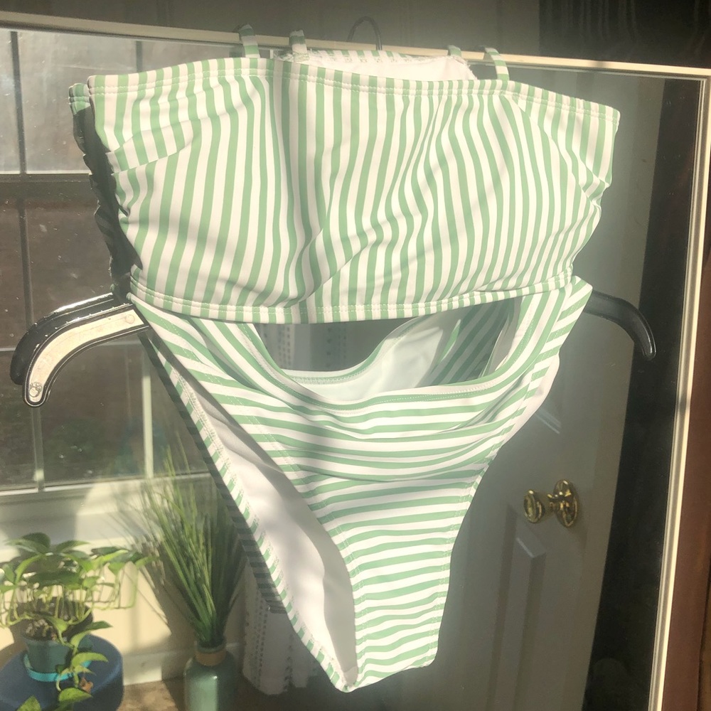 Green & White striped bikini swimsuit
